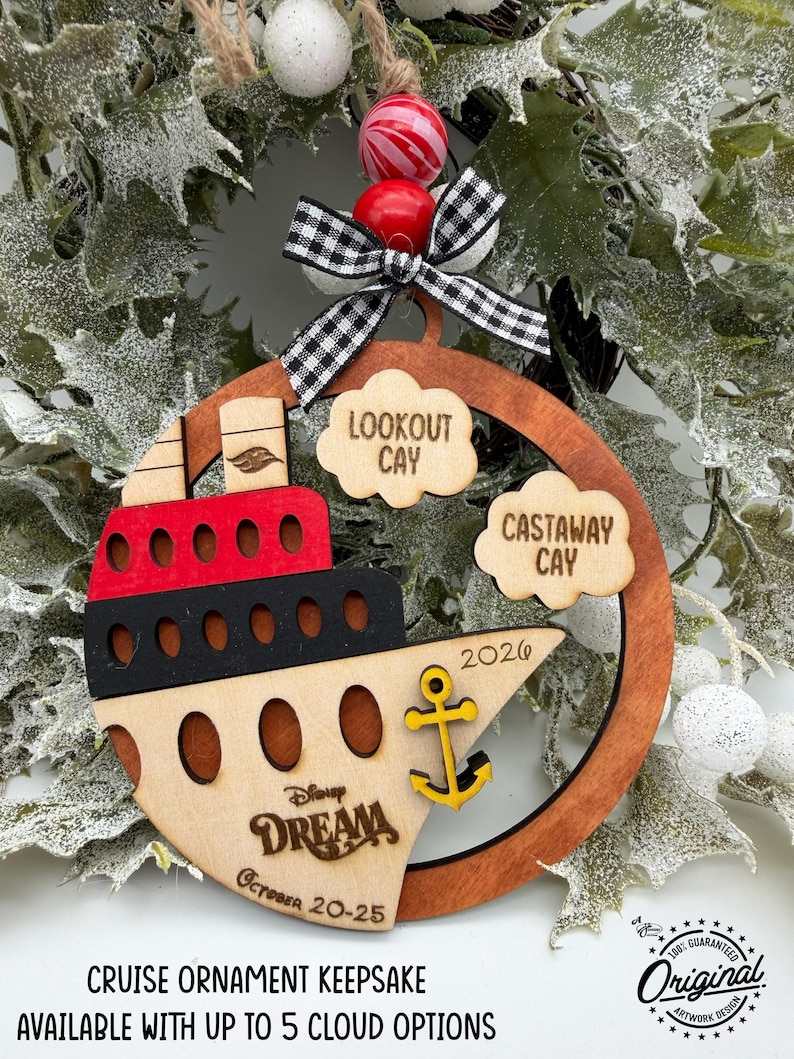 One wooden circle ornament with a cruise boat image and 2 port locations clouds in this version. The ornament comes with 2 wooden beads, a black and white mini fabric bow and twine for hanging. The image reads "Cruise Ornament Keepsake. Available with up to 5 cloud options". A stamp on the bottom shows 100% guaranteed original artwork design.