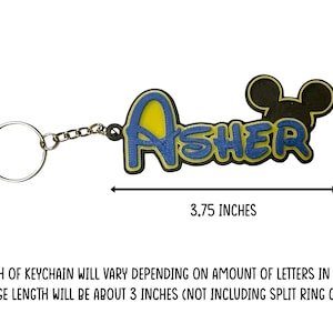 An example of the size of the keychain length. This example is a keychain with 5 letters in the name. The length is 3.75 inches. The length of the keychain will vary on the length of the name. Average length of the keychain will be around 3.5 inches.