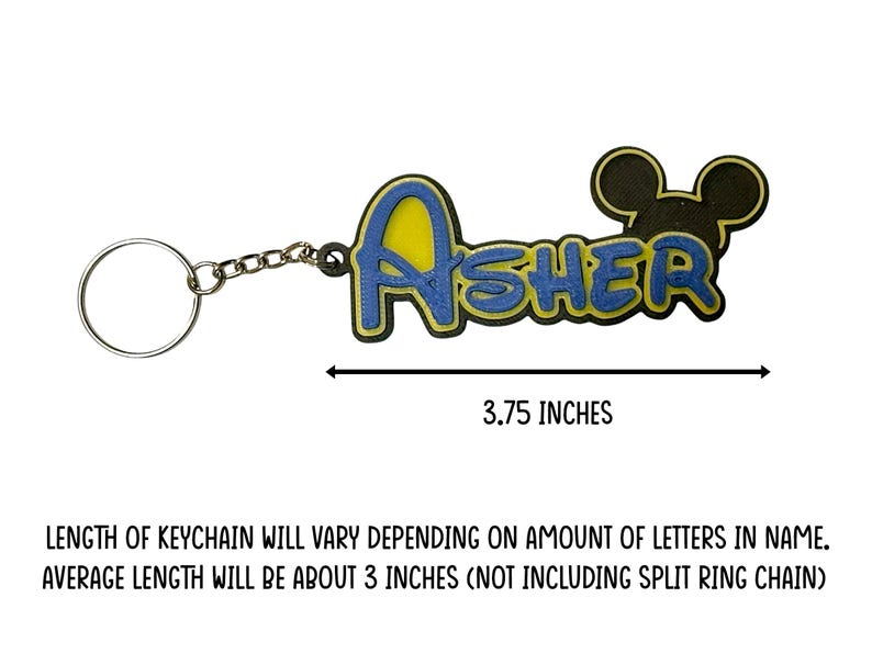 An example of the size of the keychain length. This example is a keychain with 5 letters in the name. The length is 3.75 inches. The length of the keychain will vary on the length of the name. Average length of the keychain will be around 3.5 inches.