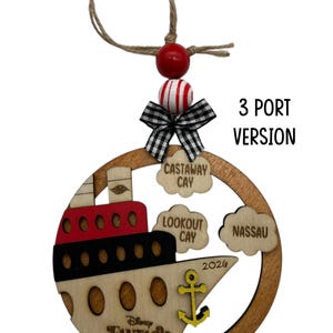 One wooden circle ornament with a cruise boat image and 3 port locations clouds in this version. The ornament comes with 2 wooden beads, a black and white mini fabric bow and twine for hanging.