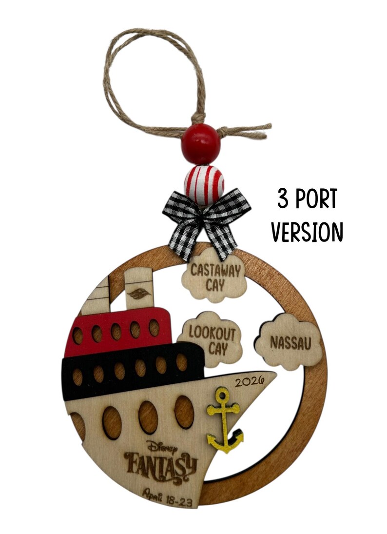 One wooden circle ornament with a cruise boat image and 3 port locations clouds in this version. The ornament comes with 2 wooden beads, a black and white mini fabric bow and twine for hanging.