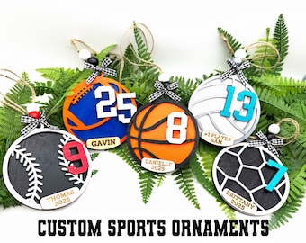 Personalized Sports Ornaments | Baseball, Basketball, Soccer, Football & Volleyball | Custom Team Colors | Wood Engraved Christmas Ornament