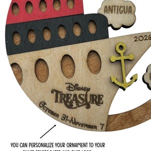 A close up of the cruise boat image on the ornament. It shows the the DCL Treasure logo and dates October 31-November 7 on the boat details. The text on the image reads "You can personalize your ornament to your exact cruise dates and ship logo."