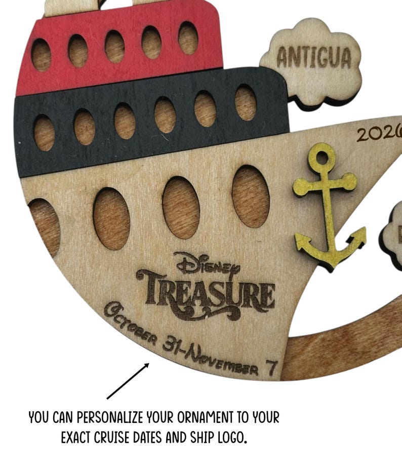 A close up of the cruise boat image on the ornament. It shows the the DCL Treasure logo and dates October 31-November 7 on the boat details. The text on the image reads "You can personalize your ornament to your exact cruise dates and ship logo."