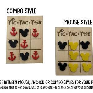 Three different styles for wooden tic-tac-toe boards games. All boards will say 'Tic-Tac-Toe" and come with 10 game pieces in 2 different colors. The text below the boards reads 'Choose between mouse, anchor or combo styles for your pieces!