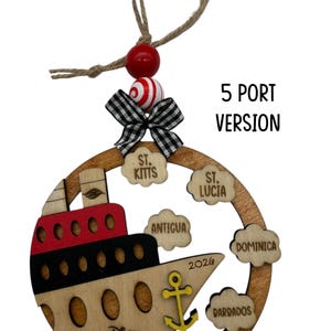 One wooden circle ornament with a cruise boat image and 5 port locations clouds in this version. The ornament comes with 2 wooden beads, a black and white mini fabric bow and twine for hanging.