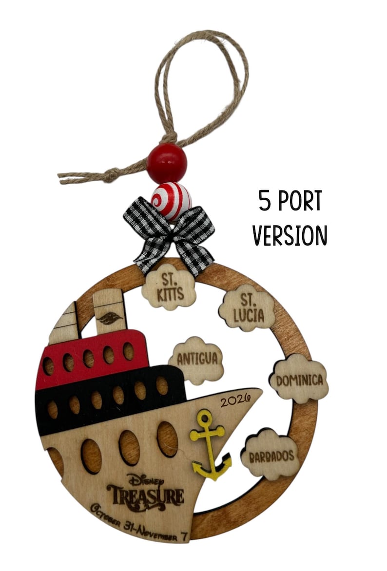 One wooden circle ornament with a cruise boat image and 5 port locations clouds in this version. The ornament comes with 2 wooden beads, a black and white mini fabric bow and twine for hanging.