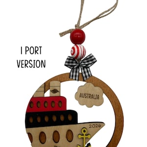 One wooden circle ornament with a cruise boat image and 1 port locations clouds in this version. The ornament comes with 2 wooden beads, a black and white mini fabric bow and twine for hanging.