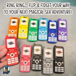 May include: A collection of eleven plastic flip phone fidget toys in various colors including orange, yellow, green, blue, purple, red, pink, black, gray, and dark gray. Each toy features a screen with a black cruise ship logo icon.