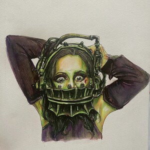 May include: A watercolor illustration of a woman wearing a metal mask with a sharp, jagged edge. The mask covers her mouth and nose. Her eyes are wide with fear. She is wearing a purple shirt and has long, dark hair.