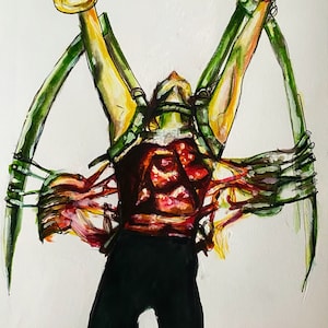 May include: A watercolor painting of a person with their arms outstretched, bound by green straps. Their torso is exposed, revealing a red and orange fleshy interior. The person is holding a glass jar in their right hand.
