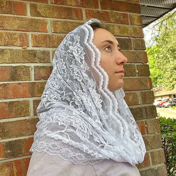 Handmade White Floral Lace Mantilla Infinity Cathedral Traditional Catholic Mass Church Chapel Veil
