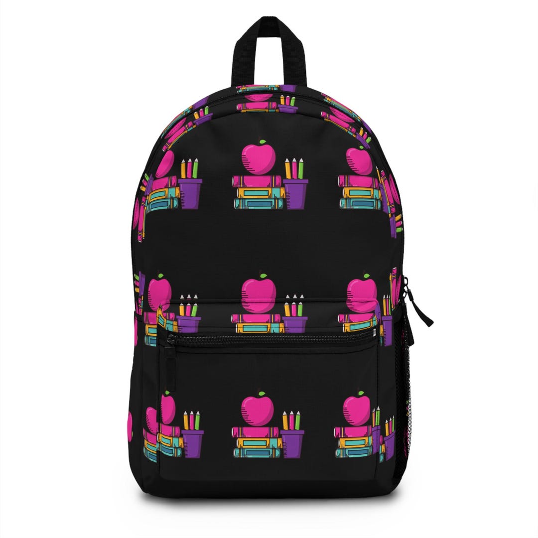Black Colorful Back to School Kids Backpack Pink Apple Crayons Pattern ...