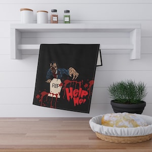 Horror Kitchen Towel Help Me | Zombie Halloween Tea Towel | Spooky Dish Towel | Gothic Home Decor | Funny Horror Gift for Horror Fans