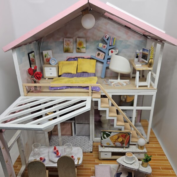 Give the gift of this Charming Handmade Artisan Miniature Dollhouse Collectible Fully Furnished with Lights