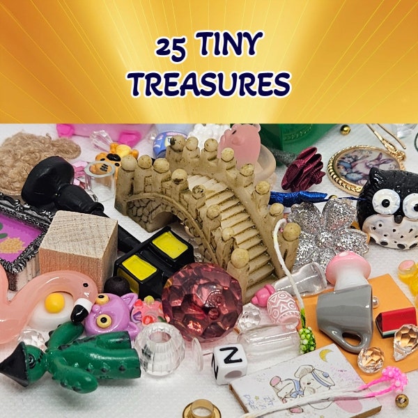 25 small trinkets- Miniature Accessories grab bag lot-miniature trinkets lot- no duplicates- sensory play, ispy bags, trinkets lot
