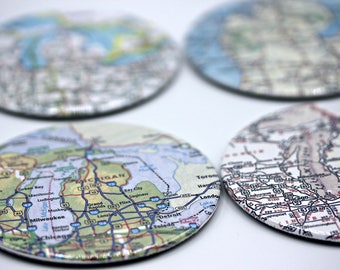 YOU CHOOSE US or International Atlas Map Cities States Towns 3.5 Inch Button Coasters Set of 4