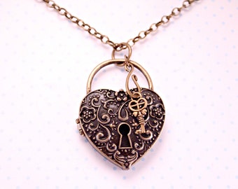 Unlock your Love Brass Heart Locket with Key on 16 Inch Brass Chain