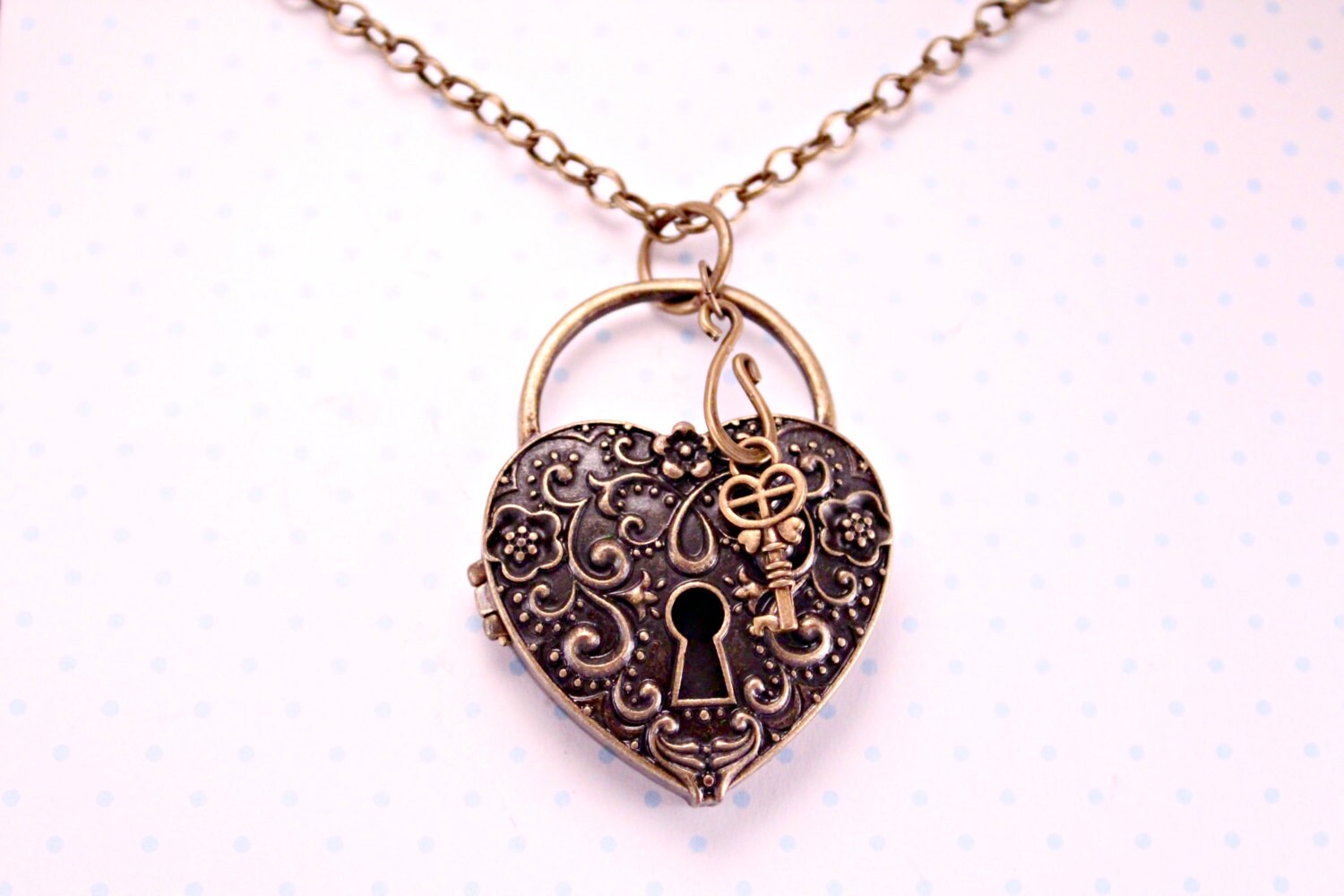 Unlock Your Love Brass Heart Locket With Key on 16 Inch Brass