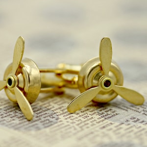 Brass Gold Airplane Working Rotating Spinning Propeller Cufflinks Cuff links Aviation Graduation