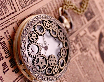 Steampunk Industrial Gears Pocket Watch with 30 Inch Brass Chain