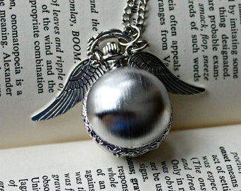 Steampunk Silver Snitch Pocket Watch with Wings on 28 Inch Chain