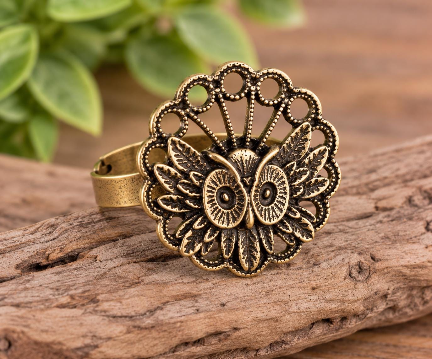 Brass Owl Statement Ring, Adjustable Filigree Bird Ring, Sizes 5-9