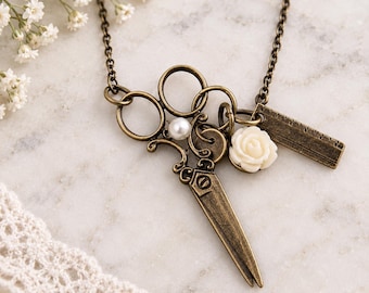 Brass Scissors Necklace, Sewing Button Ruler Pendant, Seamstress Jewelry, Crafter Gift