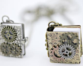Itty Bitty Steampunk Brass or Silver Book Necklace on 18 Inch Ball Chain