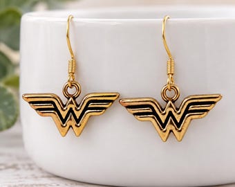 Gold Superhero Logo Earrings, Comic Inspired Dangle Jewelry, Retro Hero Fan Gift