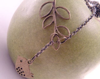 Mini Modern Bird and a Branch Brass Lariat Necklace Pendant with 20 Inch Curb Chain