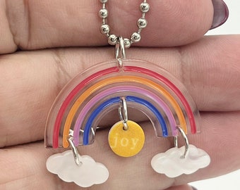 Whimsical Acrylic Rainbow with Clouds Necklace