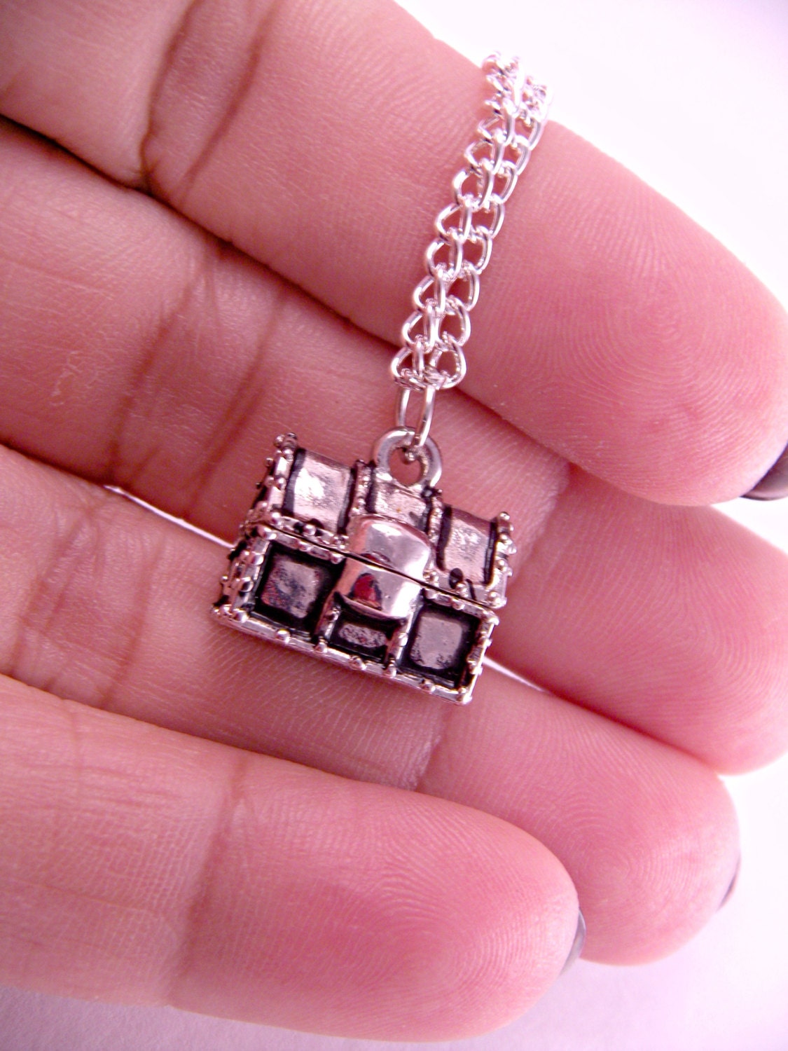 Mini Silver Treasure Chest Box Charm Necklace on 16 Inch Chain Etsy