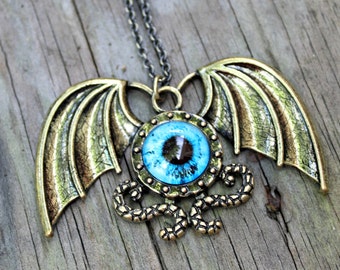 Brass Industrial Steampunk Dragon Eye and Wing Pendant Necklace with 18 Inch Brass Chain