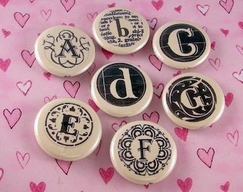 Initial Letter Button Magnets or Pin Backs - Set of 7