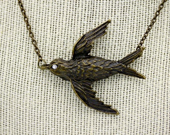 Brass Bird Sparrow Necklace on 16 Inch Brass Chain