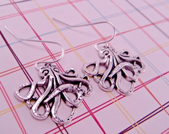 Silver or Brass Octopus Earrings Kraken Pierced