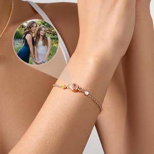 Rose Gold Bracelet, Personalised Photo Projection Bracelet, Custom Birthstone Bracelet, Remembrance Photo Bracelet, Birthday Gift