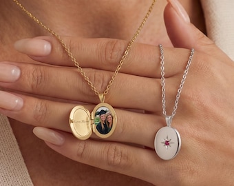 Custom Birthstone Locket Necklace with Photo, Engraved Oval Picture Pendant, Personalized Memorial Gift