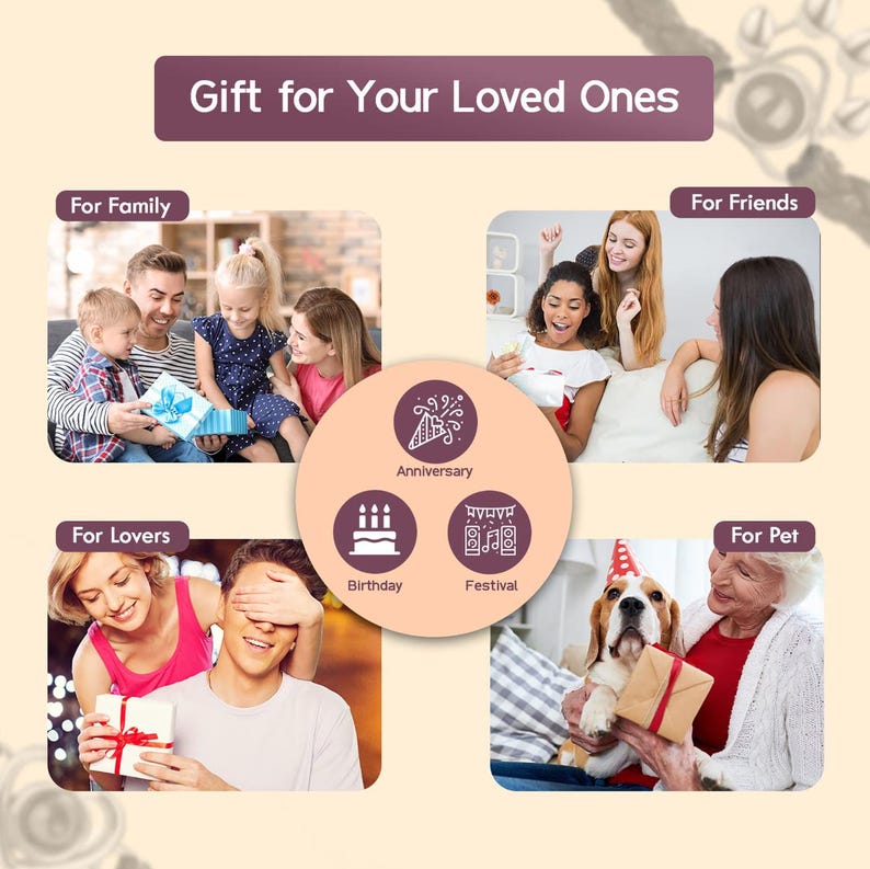 May include: A collage of images showing different people receiving gifts for various occasions, including family, friends, lovers, and pets. The occasions include anniversary, birthday, and festival.