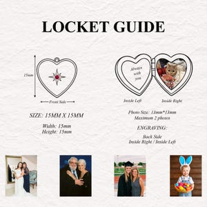May include: A guide for a heart-shaped locket with a red gem, measuring 15mm x 15mm. The locket opens to hold two photos, each 13mm x 13mm. Text includes "Always with you" and engraving details.