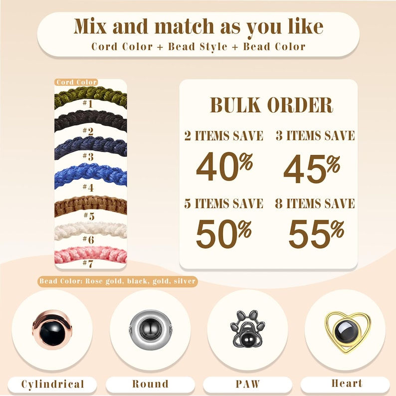 May include: A chart showing bulk order discounts for a variety of cord colors, bead styles, and bead colors. The bead styles include cylindrical, round, paw, and heart. The bead colors include rose gold, black, gold, and silver. The chart shows discounts of 40%, 45%, 50%, and 55% for orders of 2, 3, 5, and 8 items, respectively.