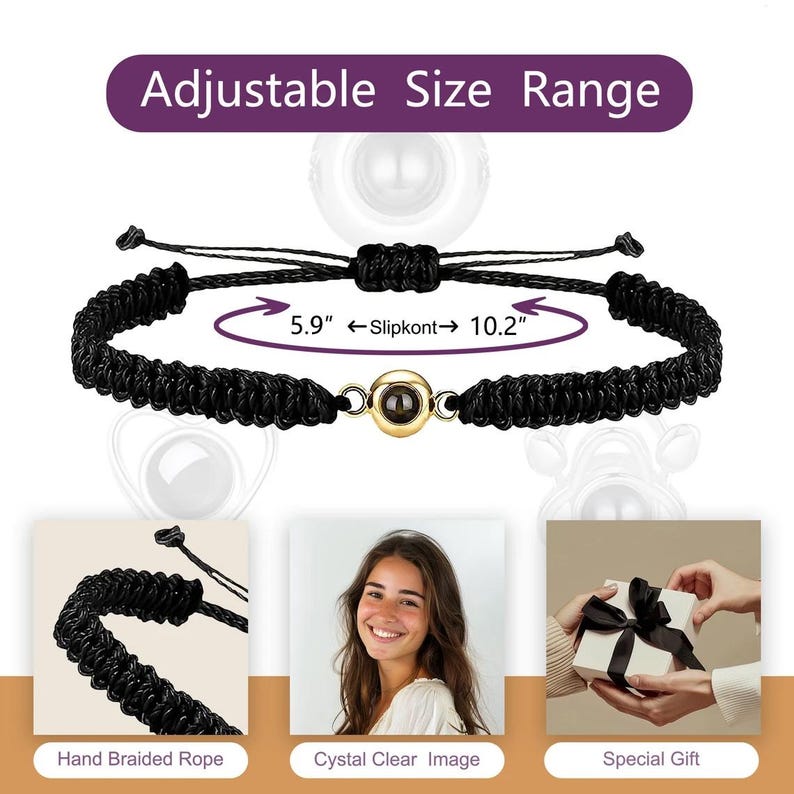 May include: Black adjustable bracelet with a small, round, clear crystal charm. The bracelet is made of hand-braided rope and has a size range of 5.9 to 10.2 inches. The image also shows a clear image of the crystal charm and a gift box.