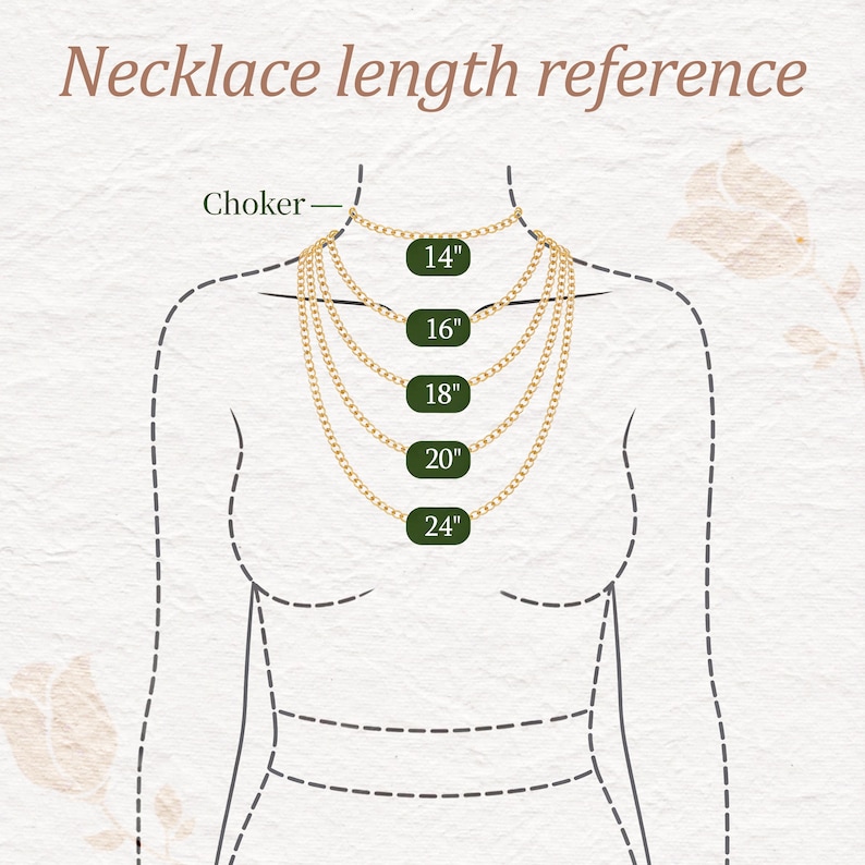 May include: A diagram illustrating necklace lengths, ranging from choker to 24 inches. The image features a stylized outline of a person with gold chain necklaces at various lengths. Text at the top reads "Necklace length reference".