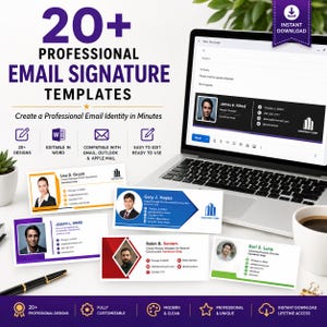 May include: A digital collection of 20+ professional email signature templates displayed on a laptop screen and printed cards. The designs feature various color schemes, headshots, contact details, and company logos for business communication.