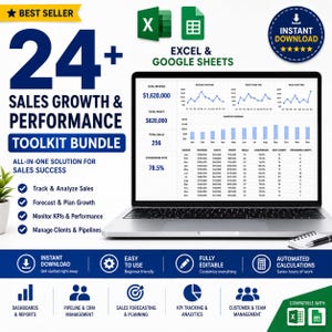 May include: A digital sales growth and performance toolkit bundle for Excel and Google Sheets. The graphic features a laptop displaying a dashboard with revenue, profit, and deal charts, alongside text detailing features like sales tracking and KPI monitoring.