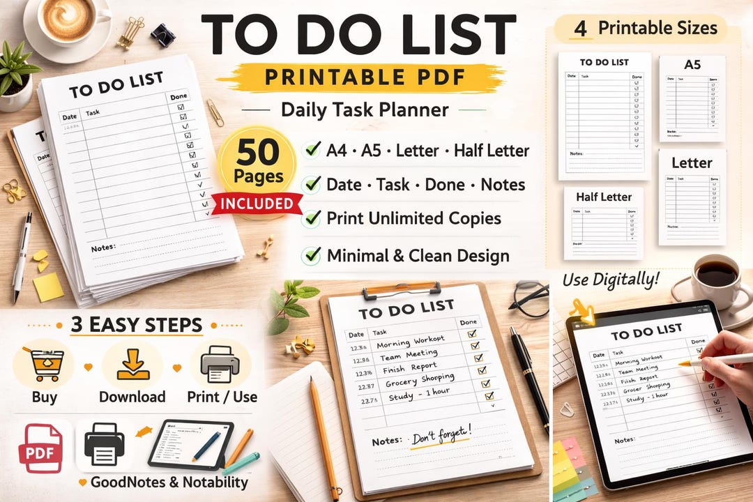 Minimal to Do List Printable – Daily Task Planner, 50-page Bundle ...