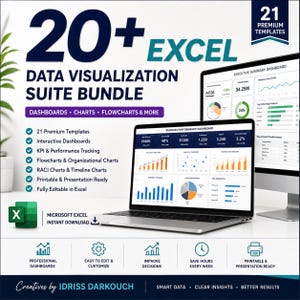 Pacote com mais de 20 modelos de dashboards em Excel | Gráficos de visualização de dados | Dashboard de KPIs | Fluxograma | Matriz RACI | Gerenciamento de projetos