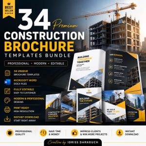May include: A digital bundle of 34 premium construction brochure templates featuring black and yellow branding. The display shows an open brochure and several closed covers with building site imagery, construction service lists, and editable text.