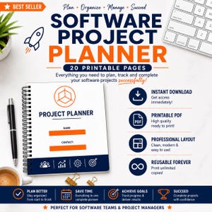 May include: A software project planner with 20 printable pages, featuring a spiral-bound notebook, a black pen, and icons for instant download, printable PDF, professional layout, and reusable format. The text includes Plan, Organize, Manage, Succeed.